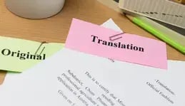 Original translation documents on desk. 