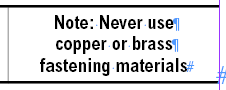 screenshot of note "Note: Never use copper or brass fastening materials"