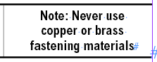 screenshot of note "Note: Never use copper or brass fastening materials"