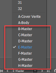 screenshot of Adobe InDesign master page tool with "E-Master" highlighted