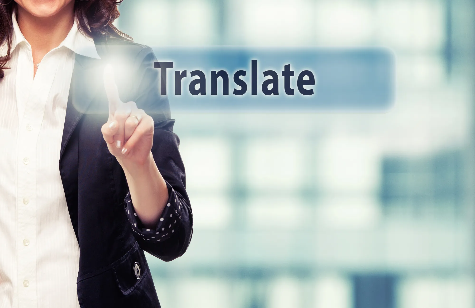 woman pressing translate button