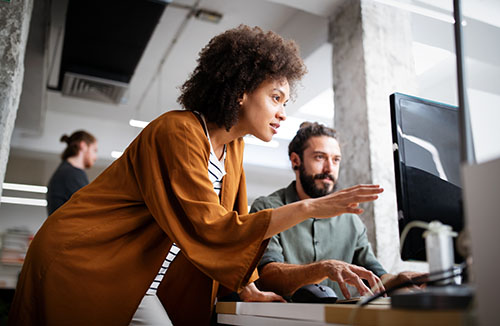 coworkers work on computer